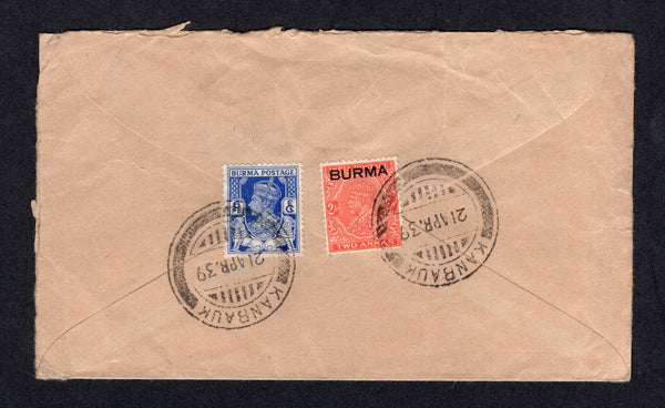 BURMA - 1939 - CANCELLATION: Cover franked on reverse with 1937 2a vermilion GV issue with 'BURMA' overprint and 1938 6p bright blue (SG 5 & 20) tied by two fine strikes of KANBAUK cds dated 21 APR 1939. Addressed to UK.  (BUR/40682)