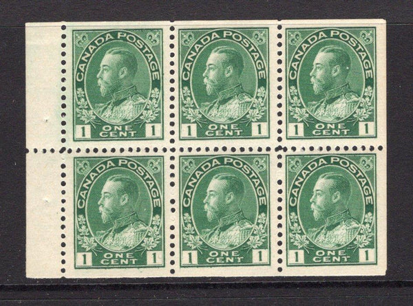 CANADA - 1911 - BOOKLET PANE: 1c deep yellowish green GV 'Admiral' issue BOOKLET PANE of six fine unmounted mint. (SG 199a)  (CAN/11475)