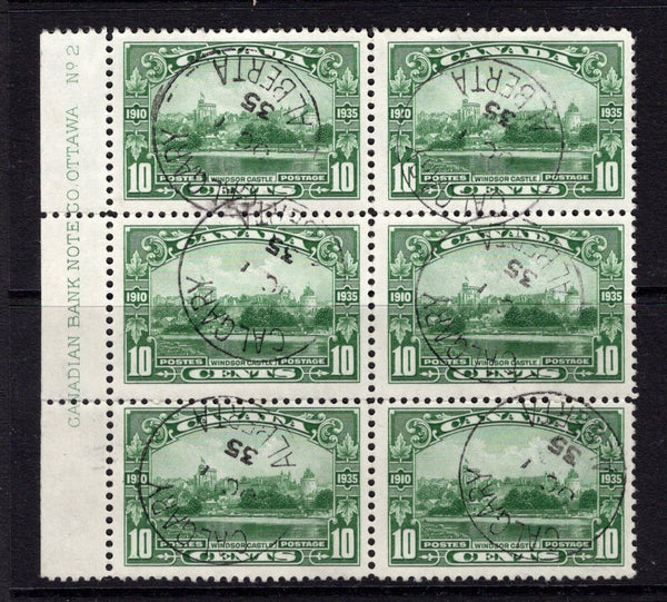 CANADA - 1935 - MULTIPLE: 10c green 'Silver Jubilee' issue a fine used side marginal block of six with 'CANADIAN BANKNOTE CO OTTAWA No.2' IMPRINT in margin used with six strikes of CALGARY ALBERTA cds dated OCT 1 1935. (SG 339)  (CAN/11485)