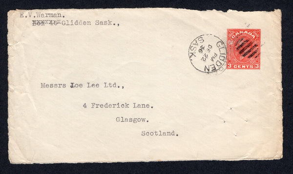 CANADA - 1936 - CANCELLATION: 3c red GV postal stationery envelope (H&G B52) FRONT ONLY used with fine GLIDDEN SASK duplex cds. Addressed to UK.  (CAN/18357)