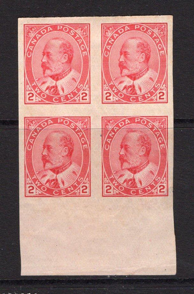 CANADA - 1903 - MULTIPLE & VARIETY: 2c pale rose carmine EVII issue, a fine mint bottom marginal block of four COMPLETELY IMPERFORATE. (SG 177a)  (CAN/24981)