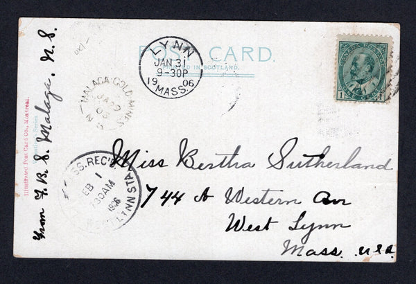 CANADA - 1906 - CANCELLATION & MINING: Colour PPC 'St. Mary's cathedral and Glebe House, Halifax' franked on message side with 1903 1c green EVII issue (SG 175) tied by dumb 'Bars' cancel with fine strike of MALAGA GOLD MINES N.S. cds alongside dated JAN 29 1906. Addressed to USA with transit & arrival cds's on front. A scarce origination.  (CAN/38424)