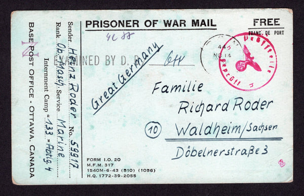 CANADA - 1944 - PRISONER OF WAR MAIL: Printed 'PRISONER OF WAR MAIL FREE' postcard sent by a German POW with 'Heinz Roder, No. 59917, Ob-Masch Marine, Internment Camp 133 Abtlg. 4 Base Post Office Ottawa, Canada' return address at left with light 'P.O.W.' cds and straight line 'EXAMINED BY D. B. / 644' censor mark on front. Addressed to 'GREAT GERMANY' and censored again on arrival.  (CAN/39257)