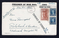 CANADA - 1942 - PRISONER OF WAR MAIL: Folded 'PRISONER OF WAR MAIL FREE' lettersheet sent by a German POW with manuscript 'Werner Roemfurt, Feldwebel - Luftwaffe, Base Post Office Ottawa, Canada' return address on flap franked with 1937 pair 5c blue and 20c red brown GVI issue (SG 361 & 365) tied by BASE P.O. CANADA cds dated SEP 12 1942 with straight line 'EXAMINED BY CENSOR D. B. 232' censor mark on front. Addressed to 'GREAT GERMANY' and censored again on arrival with Nazi censor strip on reverse.  (CAN