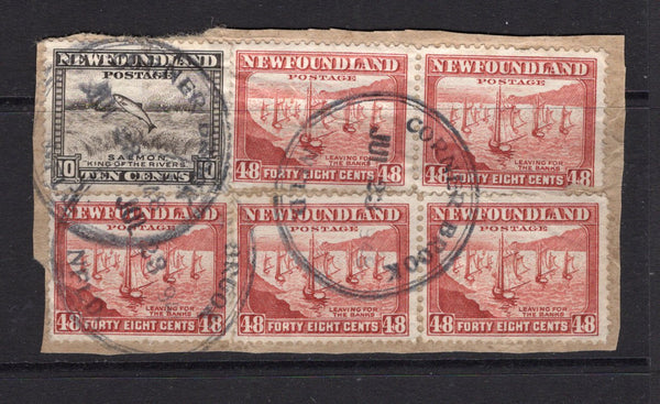 NEWFOUNDLAND - 1941 - CANCELLATION: 10c black brown and 5 x 48c red brown tied on piece of parcel wrapper by three strikes of CORNER BROOK cds dated JUL 23 1948. Small faults. (SG 283 & 289)  (CAN/40229)