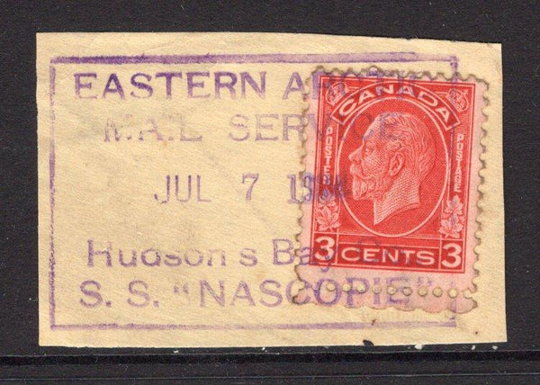 CANADA - 1934 - CANCELLATION: 3c scarlet GV issue tied on piece with superb full strike of boxed EASTERN ARCTIC MAIL SERVIC Hudson's Bay Co. S.S. "NASCOPIES" ship cancel in purple. The Nascopies was an ice breaker that provided a mail service across Hudson Bay. (SG 321)  (CAN/988)