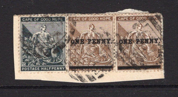 CAPE OF GOOD HOPE - 1893 - CANCELLATION: ½d black and 2 x 1d on 2d deep bistre 'Seated Hope' issue all tied on piece by light strikes of barred numeral '687' of OLYVENHOUTSDRIFT. (SG 48 & 57)  (CAP/11515)