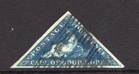 CAPE OF GOOD HOPE - 1855 - TRIANGULAR ISSUE: 4d deep blue QV 'Triangular' issue 'Perkins Bacon' printing, a very fine three margin copy lightly used. (SG 6)  (CAP/11528)
