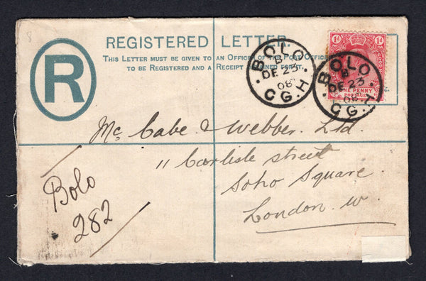 CAPE OF GOOD HOPE - 1908 - REGISTRATION & CANCELLATION: 4d blue on creamy white EVII postal stationery envelope (H&G C4) used with added 1902 1d carmine EVII issue (SG 71) tied by two fine strikes of BOLO cds dated DEC 23 1908 with manuscript 'Bolo 282' registration marking alongside. Addressed to UK with transit & arrival marks on reverse. A very scarce origination.  (CAP/38089)