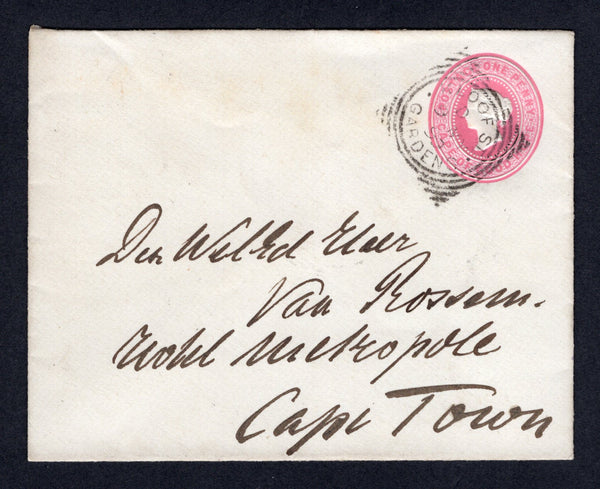 CAPE OF GOOD HOPE - 1899 - POSTAL STATIONERY & CANCELLATION: 1d pink QV postal stationery envelope on heavy white paper (H&G B2) used with good strike of KLOOF ST GARDENS squared circle cds dated 9 MY 1899. Addressed locally within CAPETOWN with G.P.O. CAPETOWN arrival cds on reverse.  (CAP/40895)