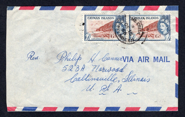 CAYMAN ISLANDS - 1958 - CANCELLATION: Airmail cover franked with pair 1953 6d lake brown & deep blue QE2 issue (SG 156) tied by THE CREEK cds. Addressed to USA.  (CAY/18545)