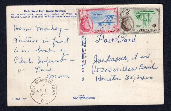 CAYMAN ISLANDS - 1965 - CANCELLATION: Colour PPC 'Hell, West Bay, Grand Cayman' franked on message side with 1962 3d bright blue & carmine and 6d bluish green & sepia QE2 issue (SG 170 & 172) tied by HELL GRAND CAYMAN cds with second fine strike alongside. Addressed to USA.  (CAY/18546)