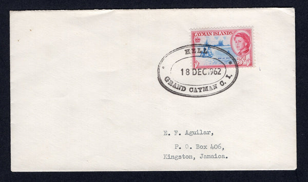 CAYMAN ISLANDS - 1962 - CANCELLATION: 'Aguilar' cover franked with single 1962 3d bright blue & carmine QE2 issue (SG 170) tied by fine strike of HELL oval datestamp dated 18 DEC 1962. Addressed to JAMAICA.  (CAY/18547)