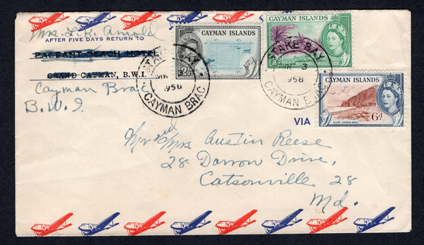 CAYMAN ISLANDS - 1958 - CANCELLATION: Airmail cover franked with 1953 ½d purple & bluish green, 2½d turquoise & blue black and 6d lake brown & deep blue QE2 issue (SG 149, 153 & 156) tied by two strikes of STAKE BAY cds. Addressed to USA.  (CAY/26694)