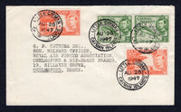 CAYMAN ISLANDS - 1947 - CANCELLATION: Cover franked with 1938 2 x ¼d red orange and pair ½d green GVI issue (SG 115a & 116) tied by multiple strikes of LITTLE CAYMAN cds dated AUG 25 1947. Addressed to UK. Very clean and attractive.  (CAY/27422)