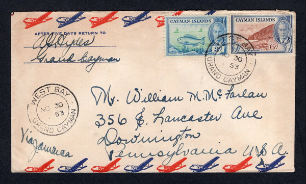 CAYMAN ISLANDS - 1953 - CANCELLATION: Airmail cover franked with 1950 3d bright green & light blue and 6d red brown & blue GVI issue on front and block of four ½d reddish violet & emerald green on reverse (SG 136, 141 & 142) all tied by fine WEST BAY GRAND CAYMAN cds's dated NOV 30 1953. Addressed to USA.  (CAY/31860)