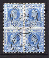 CAYMAN ISLANDS - 1902 - MULTIPLE: 2½d bright blue EVII Issue, watermark 'Crown CA', a superb used block of four with two strikes of CAYMAN BRAC cds dated MAR 12 1906. (SG 5)  (CAY/32625)