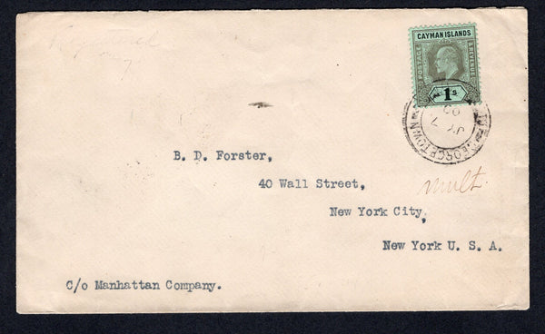 CAYMAN ISLANDS - 1909 - EVII ISSUE: Cover franked with single 1907 1/- black on green EVII issue (SG 31) tied by GEORGETOWN cds dated JUL 7 1909. Addressed to USA with KINGSTON JAMAICA transit cds on reverse. A scarce stamp on cover.  (CAY/32862)