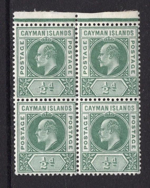CAYMAN ISLANDS - 1905 - MULTIPLE: ½d green EVII issue, watermark 'Multi Crown CA', a fine mint top marginal block of four. (SG 8)  (CAY/34528)