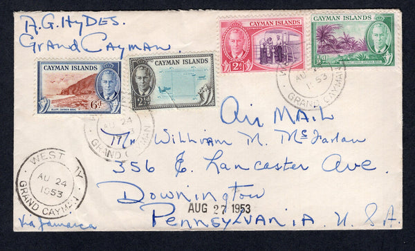 CAYMAN ISLANDS - 1953 - CANCELLATION: Cover franked with 1950 ½d reddish violet & emerald green, 2d reddish violet & rose carmine, 2½d turquoise & black and 6d red brown & blue GVI issue (SG 136, 139/140 & 142) all tied by fine WEST BAY GRAND CAYMAN cds's dated AUG 24 1953. Sent airmail to USA.  (CAY/37148)