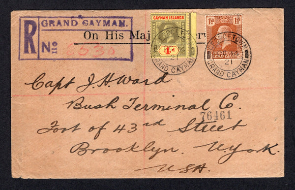CAYMAN ISLANDS - 1921 - REGISTRATION: Registered 'O.H.M.S.' cover franked with 1912 4d black & red on yellow and 1921 1½d orange brown GV issues (SG 46 & 72) tied by GEORGETOWN GRAND CAYMAN cds's with large boxed 'GRAND CAYMAN' registration marking in purple alongside. Addressed to USA with transit & arrival marks on reverse. Very fine & attractive.  (CAY/37538)