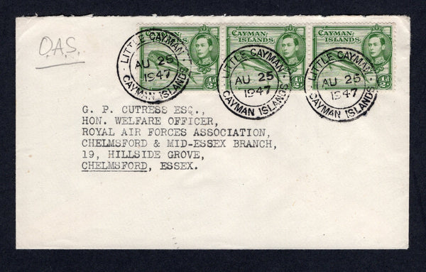 CAYMAN ISLANDS - 1947 - CANCELLATION: Cover with manuscript 'O.A.S.' on front franked with strip of three 1938 ½d green GVI issue (SG 116) tied by three fine strikes of LITTLE CAYMAN cds dated AUG 25 1947. Addressed to UK.  (CAY/40087)