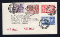 CAYMAN ISLANDS - 1947 - CANCELLATION: Cover with franked with 1938 1d scarlet, 2d violet, 2½d bright blue and 1/- red brown GVI issue (SG 117, 119, 120 & 123) all tied by four fine strikes of LITTLE CAYMAN cds dated AUG 25 1947. Sent airmail to UK.  (CAY/40088)