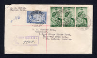 CAYMAN ISLANDS - 1949 - REGISTRATION & CANCELLATION: Registered cover franked with 1938 3d bright blue and 1948 strip of three ½d green GVI issues (SG 121a & 129) tied by multiple strikes of STAKE BAY cds dated APR 19 1948 with boxed 'CAYMAN BRAC' registration marking in purple alongside. Addressed to HALF-WAY TREE, JAMAICA with KINGSTON transit and HALF-WAY TREE arrival cds's on reverse.  (CAY/40089)