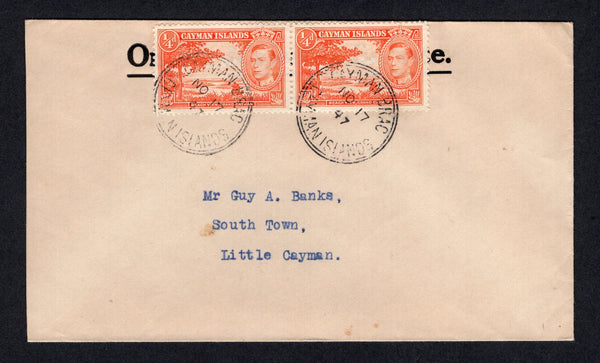 CAYMAN ISLANDS - 1947 - RATE: Printed 'O.H.M.S.' cover franked with pair 1938 ¼d red orange GVI issue (SG 115a) tied by CAYMAN BRAC cds's dated NOV 17 1947. Addressed internally to 'South Town, Little Cayman'. A very unusual rate and use of this value.  (CAY/40090)