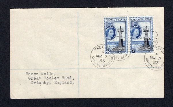 CAYMAN ISLANDS - 1953 - REGISTRATION & CANCELLATION: Registered 'Wells' cover franked with 1953 pair 4d black & deep blue QE2 issue (SG 155) tied by multiple strikes of THE CREEK cds dated MAR 2 1953. Addressed to UK.  (CAY/40093)
