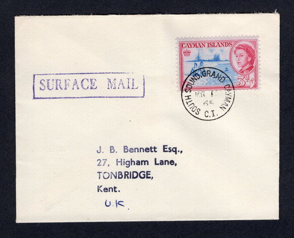 CAYMAN ISLANDS - 1964 - CANCELLATION: Cover franked with single 1962 3d bright blue & carmine QE2 issue (SG 170) tied by superb strike of SOUTH SOUND GRAND CAYMAN cds dated MAR 11 1964. Addressed to UK with boxed 'SURFACE MAIL' marking in purple on front.  (CAY/40094)