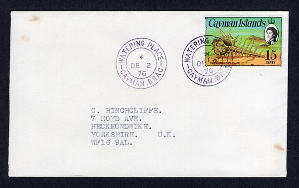 CAYMAN ISLANDS - 1976 - CANCELLATION: Cover franked with single 1974 15c QE2 issue (SG 354) tied by WATERING PLACE CAYMAN BRAC cds in purple dated DEC 2 1976 with fine second strike alongside. Addressed to UK.  (CAY/40095)