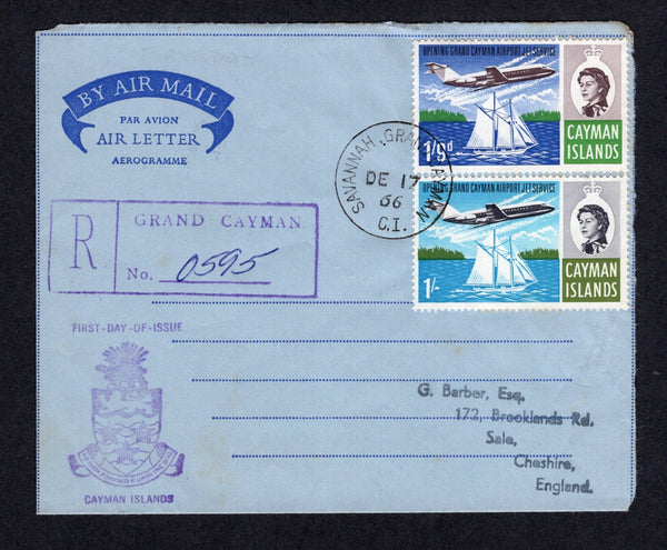 CAYMAN ISLANDS - 1966 - REGISTRATION & CANCELLATION: Plain airletter franked with 1966 1/- and 1/9 QE2 issue (SG 203/204) tied by fine strike of SAVANNAH GRAND CAYMAN cds dated DEC 17 1966 with boxed 'GRAND CAYMAN' registration marking in purple and first day of issue cachet alongside. Addressed to UK. No message inside.  (CAY/40096)