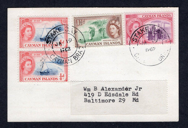 CAYMAN ISLANDS - 1962 - CANCELLATION: Plain postcard franked with 1953 pair ¼d deep bright blue & rose red, 1½d deep green & red brown and 2d reddish violet & cerise QE2 issue (SG 148, 151 & 152) tied by STAKE BAY cds's dated JAN 19 1962. Addressed to USA.  (CAY/40155)