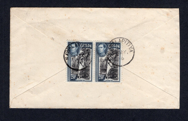 CEYLON - 1946 - REGISTRATION & CANCELLATION: Registered cover franked on reverse with 1938 pair 20c black & grey blue GVI issue (SG 391) tied by NAWALAPITIYA cds with printed blue & white 'NAWALAPITIYA' registration label on front. Addressed to UK.  (CEY/18570)