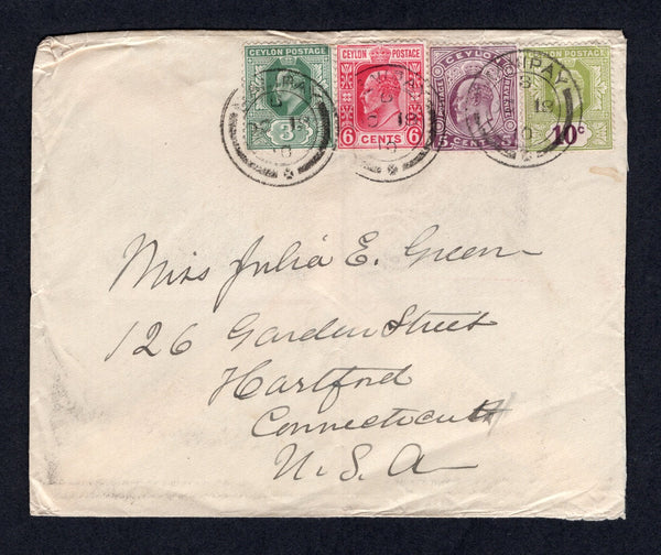 CEYLON - 1910 - EVII ISSUE: Cover franked with 1908 5c dull purple, 6c carmine plus 1910 3c green and 10c sage green & maroon EVII issue (SG 290/291 & 293/294) tied by MANIPAY cds's addressed to USA. A very attractive four colour franking.  (CEY/447)