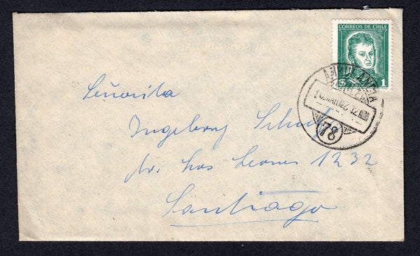 CHILE - 1952 - TRAVELLING POST OFFICES: Cover from VILLA ELENA with manuscript return address on reverse franked with 1948 1p blue green (SG 379c) tied by fine strike of 'AMBULANCIA 78' travelling P.O. cds (Santiago - Chillan line). Addressed to SANTIAGO with original letter enclosed.  (CHI/10168)