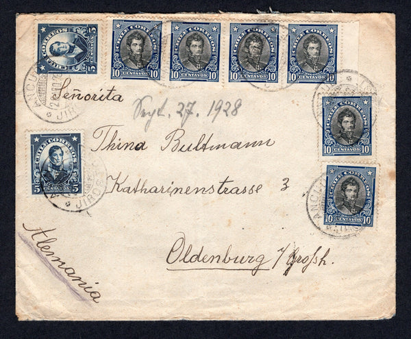 CHILE - 1928 - CANCELLATION & ISLAND MAIL: Cover franked with 1915 2 x 5c blue and strip of four & two single 10c black & blue 'Presidentes' issue (SG 161 & 163b) all tied by multiple strikes of ANCUD JIROSPOST cds's (Post Office on the Island of Chiloe). Addressed to GERMANY with SANTIAGO transit cds on reverse.  (CHI/1035)