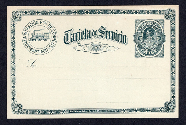 CHILE - 1892 - POSTAL STATIONERY: Black on pale green 'Tarjeta de Servicio' Official TRAIN type postal stationery card (H&G D10). A fine unused example. Only 300 copies were printed. Very scarce.  (CHI/10589)