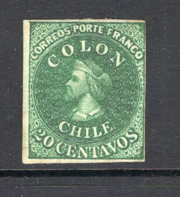 CHILE - 1861 - CLASSIC ISSUES: 20c intense green 'Perkins Bacon Last London' printing a superb mint copy with part original gum, four margins, 3 large, tight at right. Very Rare stamp. (SG 35)  (CHI/1082)