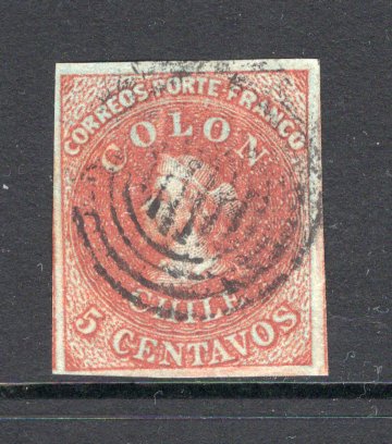 CHILE - 1855 - CLASSIC ISSUES: 5c red brown on blued paper 'Perkins Bacon New Plate' printing, a very fine used copy with four large margins. (SG 17)  (CHI/1084)