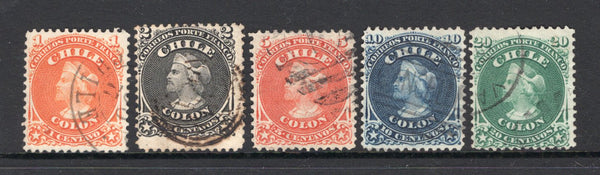 CHILE - 1867 - CLASSIC ISSUES: 'Perforated Columbus' issue set of five all very fine lightly used. (SG 41, 43, 44, 47 & 48)  (CHI/1088)