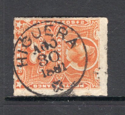 CHILE - 1877 - ROULETTE ISSUE & CANCELLATION: 2c orange 'Roulette' issue fine used with full HIGUERA cds dated AGO 30 1881. (SG 50)  (CHI/1099)