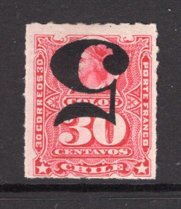 CHILE - 1900 - ROULETTE ISSUE & VARIETY: 5c on 30c rose carmine 'Roulette' issue a fine mint copy with variety OVERPRINT INVERTED. (SG 86a)  (CHI/1111)