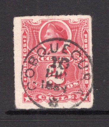 CHILE - 1878 - ROULETTE ISSUE & CANCELLATION: 2c bright carmine 'Roulette' issue superb used with complete strike of COBQUECURA thimble cds dated 1884. (SG 56a)  (CHI/1118)