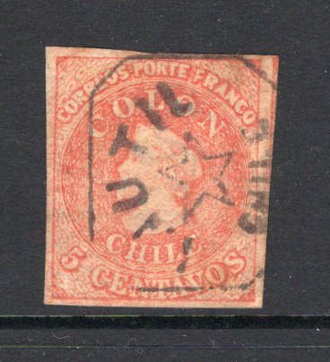 CHILE - 1866 - CLASSIC ISSUES: 5c red 'Last Santiago' printing a very fine four margin copy used with complete strike of boxed INUTIL 'Star' cancel in black. (SG 37)  (CHI/1144)