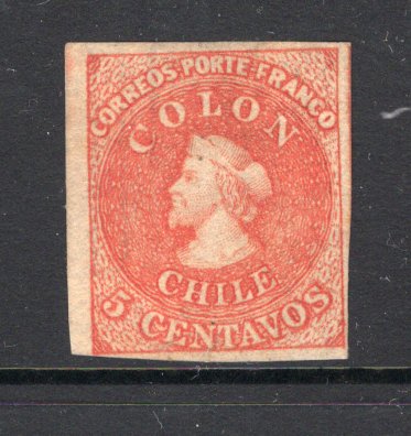 CHILE - 1856 - CLASSIC ISSUES: 5c carmine red 'Estancos' printing a very fine unused copy, four good to large margins. (SG 22)  (CHI/1146)