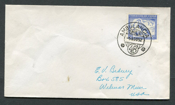 CHILE - 1952 - TRAVELLING POST OFFICE & GLAUDE GAY ISSUE: Cover franked with 1948 60c ultramarine 'Common Caracara' (Bird) CLAUDE GAY issue tied by very fine large type AMBULANCIA 48 travelling P.O. cds (Santiago - Talcahuano line, Night Train). Addressed to USA.  (CHI/1157)