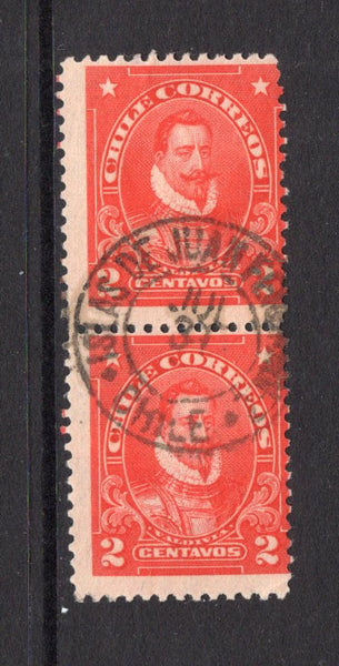 CHILE - 1911 - PRESIDENTE ISSUE & CANCELLATION: 2c scarlet 'Presidente' issue a fine vertical pair used with almost complete strike of ISLAS DE JUAN FERNANDEZ CHILE cds from the rare 1897 - 1919 first period of the Post Office. (SG 136)  (CHI/1195)