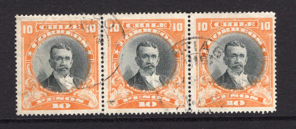 CHILE - 1928 - PRESIDENTE ISSUE: 10p black & orange 'Presidente' issue with watermark, a fine cds used strip of three. (SG 190a)  (CHI/1203)